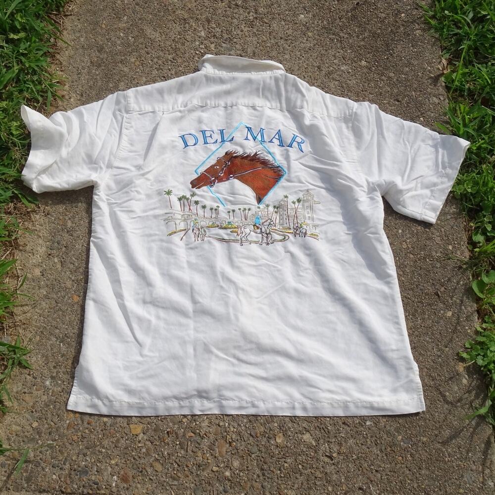 Vintage 90s Y2K Go Barefoot Del Mar Horse Embroidered Camp Shirt L Rayon Western